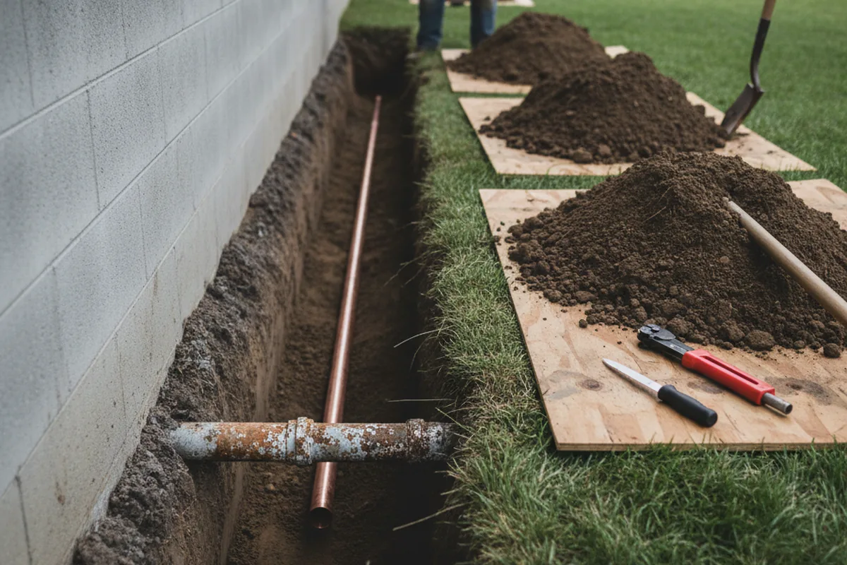 Excavated water line trench during Water Softener Installation in Flossmoor